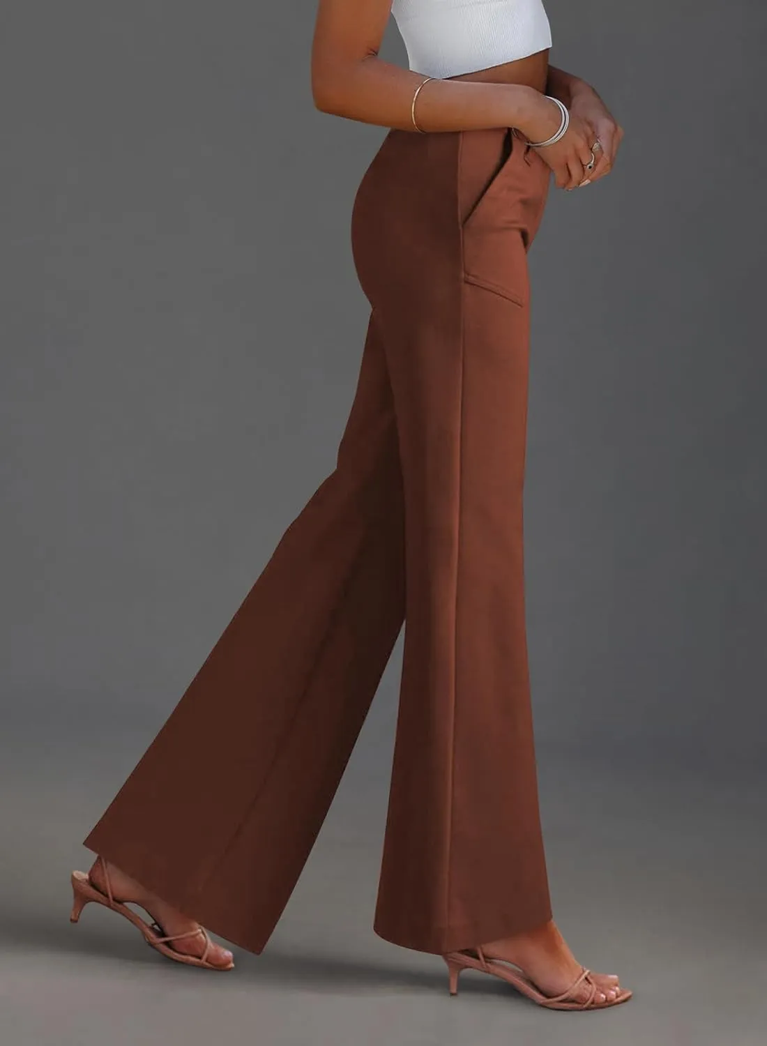 miduo Womens Solid Stretchy Buttons Wide Leg Straight Leg Long Flare Pants Trousers with Pockets