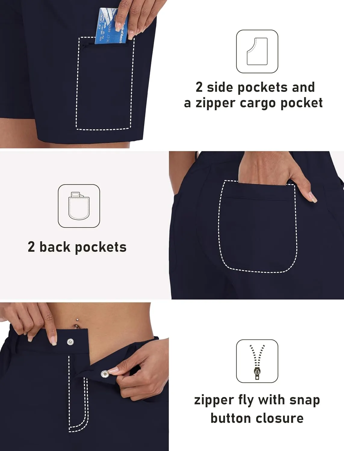 MoFiz Womens Golf Shorts 7" Quick Dry Hiking Shorts Lightweight Bermuda Shorts for Women with Pockets