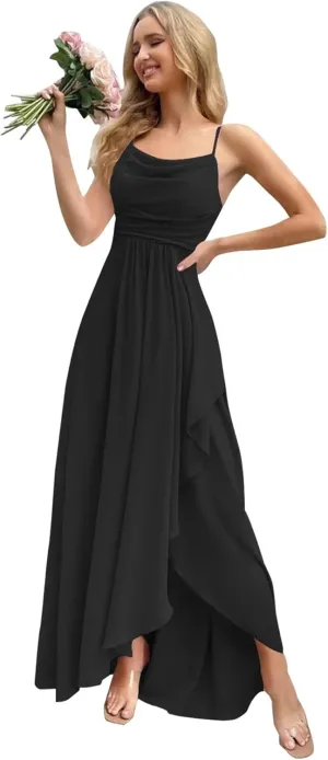 Monvelli Asymmetrical Cowl Neck Bridesmaid Dresses Long Ruffle Chiffon Empire Waist Formal Party Gowns with Pockets 2025