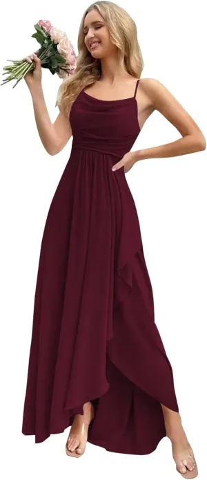 Monvelli Asymmetrical Cowl Neck Bridesmaid Dresses Long Ruffle Chiffon Empire Waist Formal Party Gowns with Pockets 2025