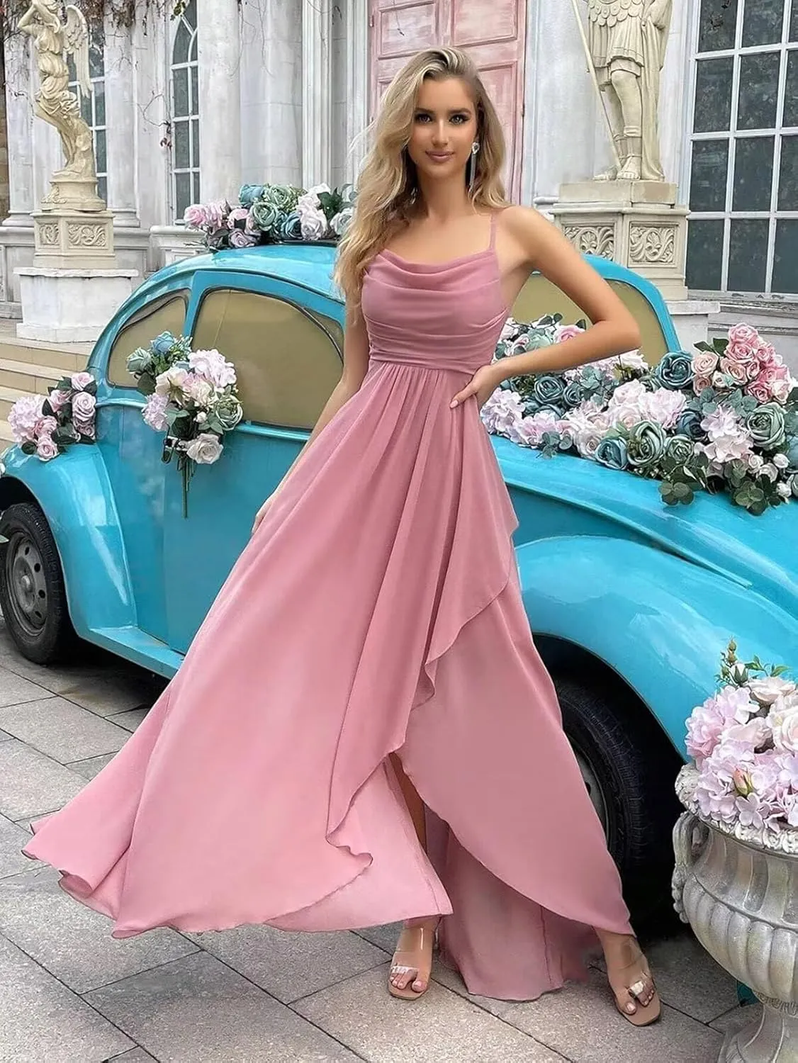 Monvelli Asymmetrical Cowl Neck Bridesmaid Dresses Long Ruffle Chiffon Empire Waist Formal Party Gowns with Pockets 2025