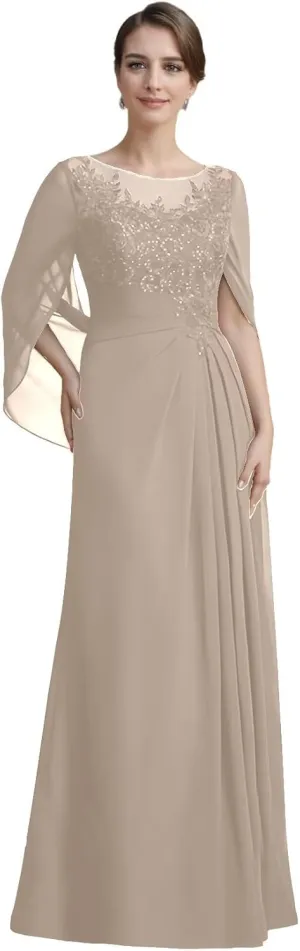 Mother of The Bride Dresses A-line Scoop Illusion Floor-Length Lace Chiffon Shawl Sleeves Gowns with Pleated Sequins