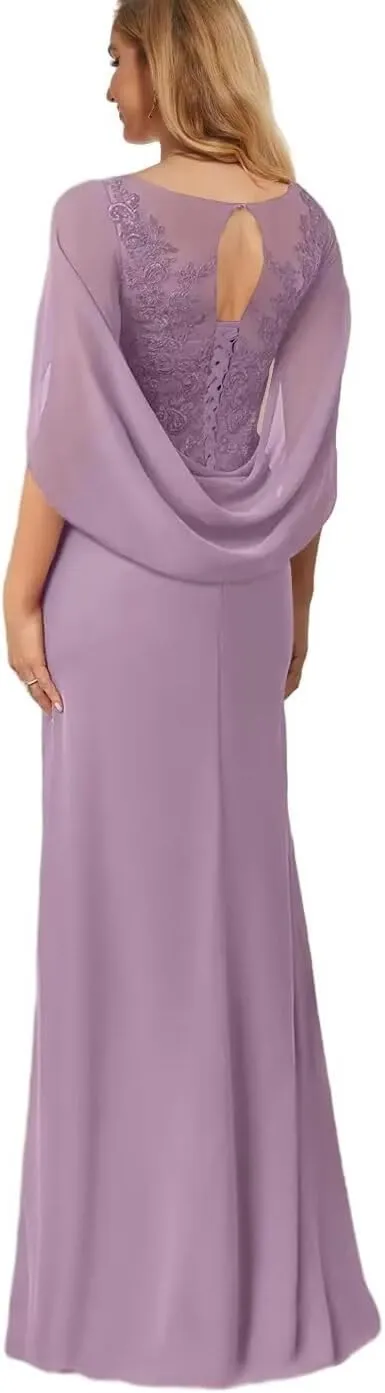 Mother of The Bride Dresses A-line Scoop Illusion Floor-Length Lace Chiffon Shawl Sleeves Gowns with Pleated Sequins