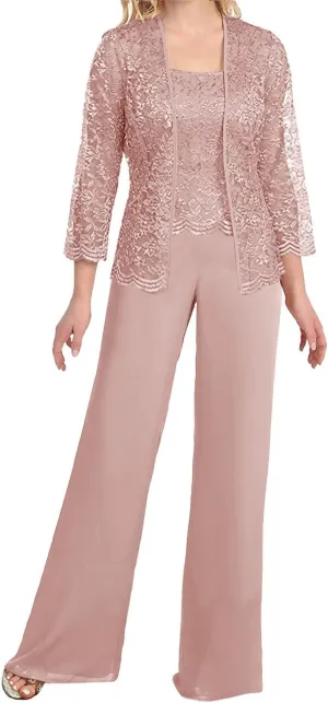 Mother of The Bride Pant Suits 3 Pieces Lace Outfit Sets for Wedding Guest Evening Party Gowns