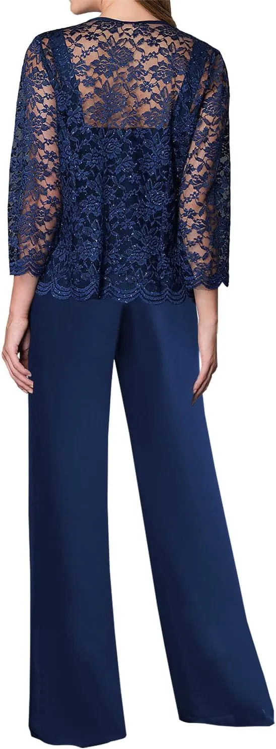 Mother of The Bride Pant Suits 3 Pieces Lace Outfit Sets for Wedding Guest Evening Party Gowns