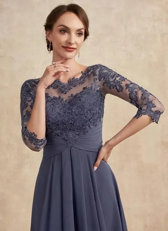 Mother of The Groom Dresses for Wedding Women's Lace Applique 3/4 Sleeve Chiffon Formal Evening Gown PRY166
