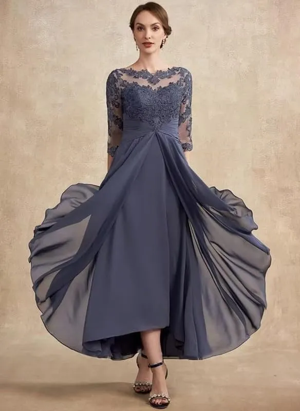 Mother of The Groom Dresses for Wedding Women's Lace Applique 3/4 Sleeve Chiffon Formal Evening Gown PRY166