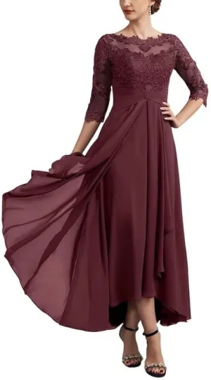 Mother of The Groom Dresses for Wedding Women's Lace Applique 3/4 Sleeve Chiffon Formal Evening Gown PRY166