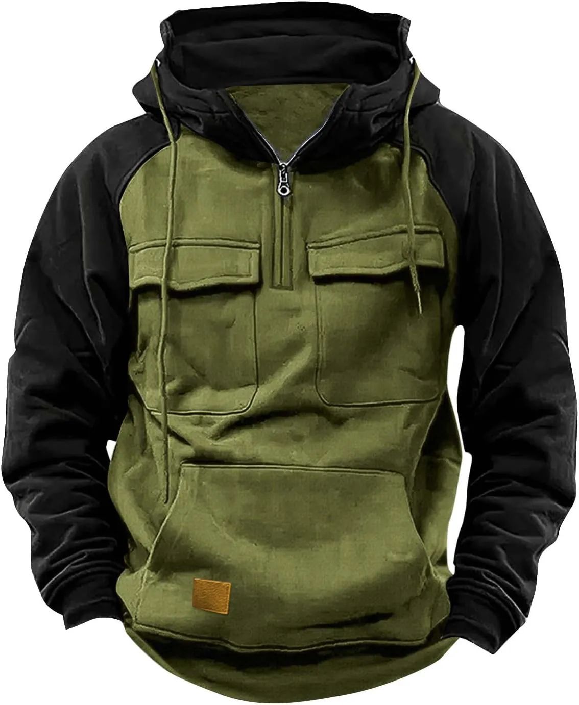 Muscularfit Mens Big and Tall Hoodies Casual Long Sleeve Multi Pockets Cargo Quarter Zip Pullover Sweatshirt Drawstring Shirt