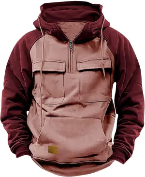 Muscularfit Mens Big and Tall Hoodies Casual Long Sleeve Multi Pockets Cargo Quarter Zip Pullover Sweatshirt Drawstring Shirt