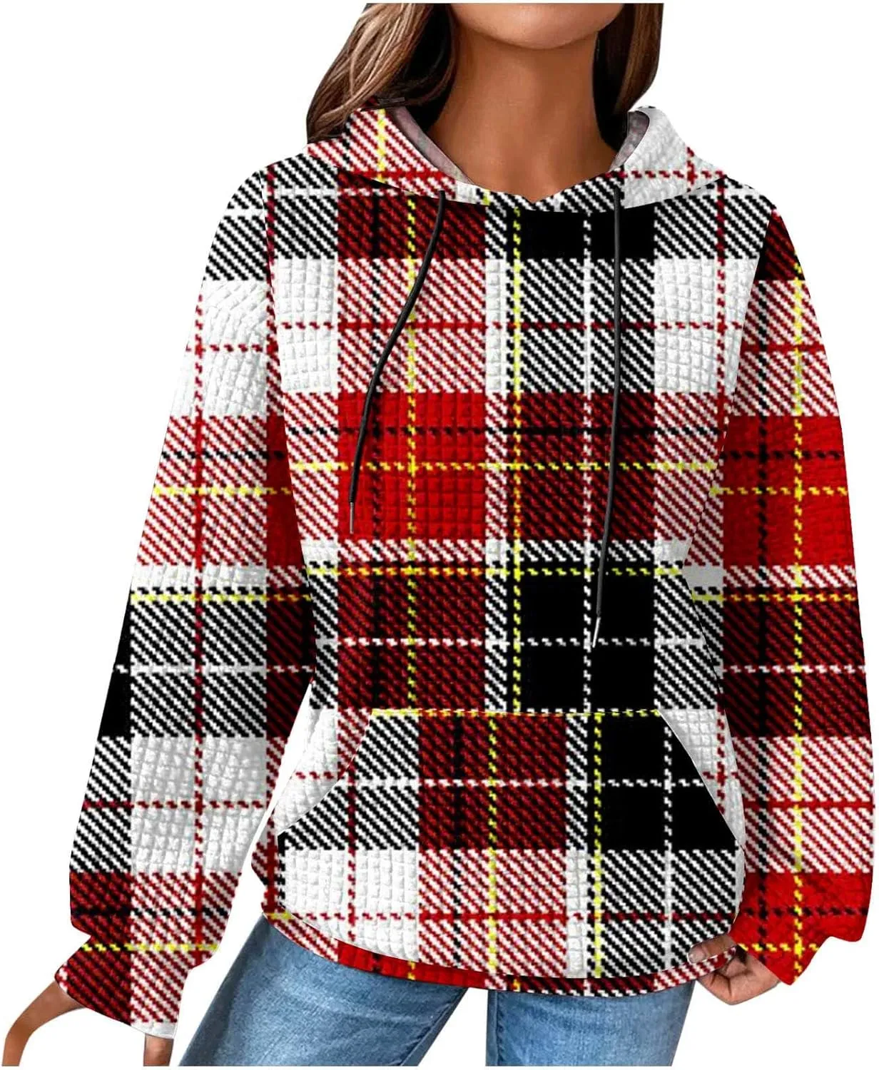 Mzkdieey Women's Fashion Long Sleeve Striped Color Block Waffle Knit Hoodie Oversized Crew Neck Loose Pullover Jumper Tops