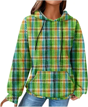 Mzkdieey Women's Fashion Long Sleeve Striped Color Block Waffle Knit Hoodie Oversized Crew Neck Loose Pullover Jumper Tops