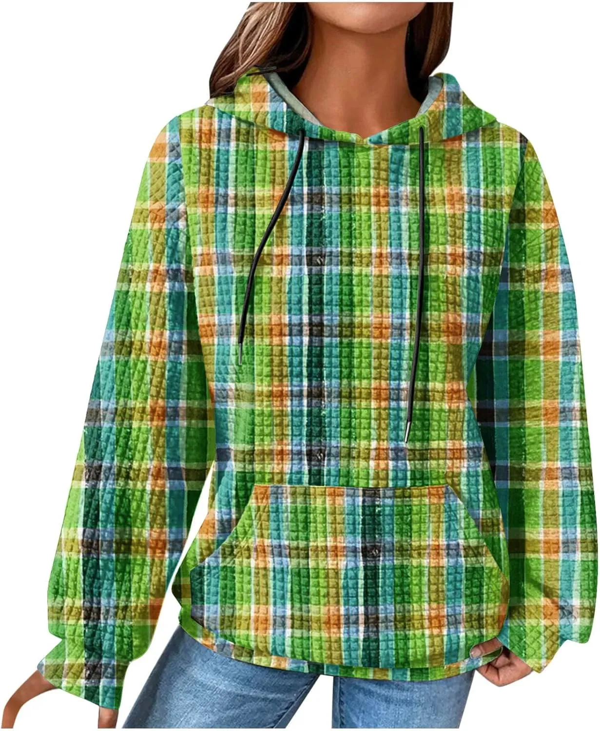 Mzkdieey Women's Fashion Long Sleeve Striped Color Block Waffle Knit Hoodie Oversized Crew Neck Loose Pullover Jumper Tops