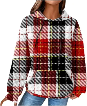 Mzkdieey Women's Fashion Long Sleeve Striped Color Block Waffle Knit Hoodie Oversized Crew Neck Loose Pullover Jumper Tops