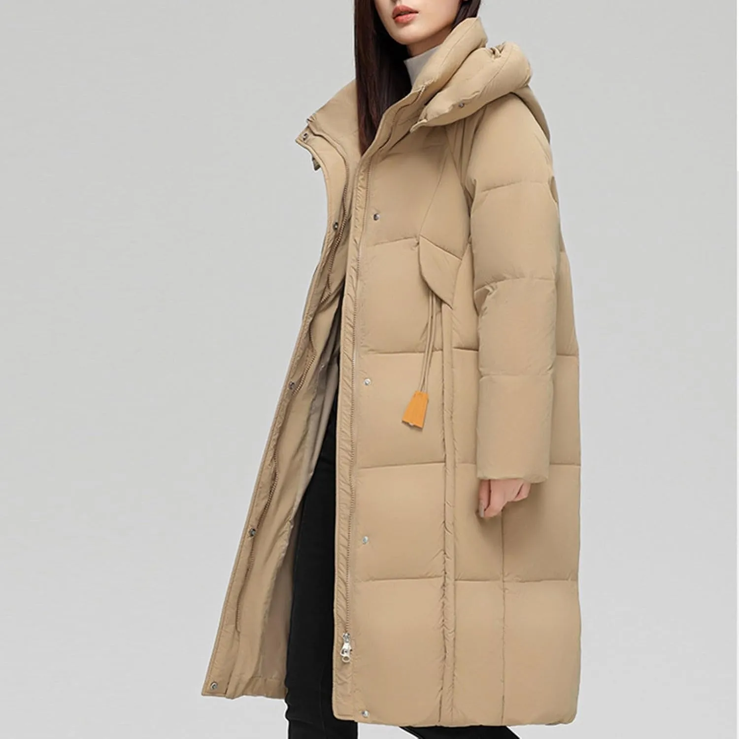 NATHGAM Long Down Coat Women Casual Turtleneck Thicken Winter Warm Hooded Puffer Coat Cotton Padded Zip Long Sleeve Outwears