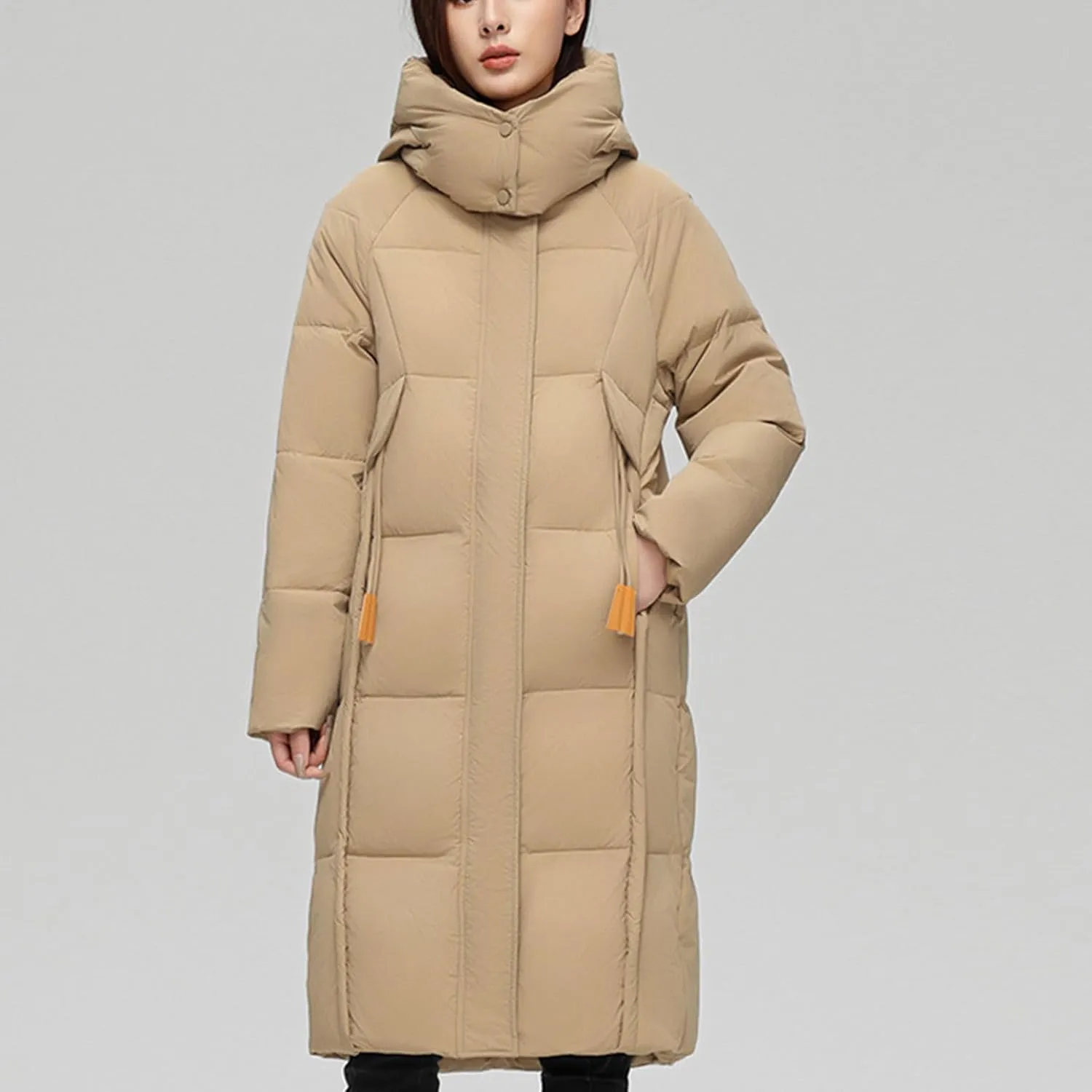 NATHGAM Long Down Coat Women Casual Turtleneck Thicken Winter Warm Hooded Puffer Coat Cotton Padded Zip Long Sleeve Outwears
