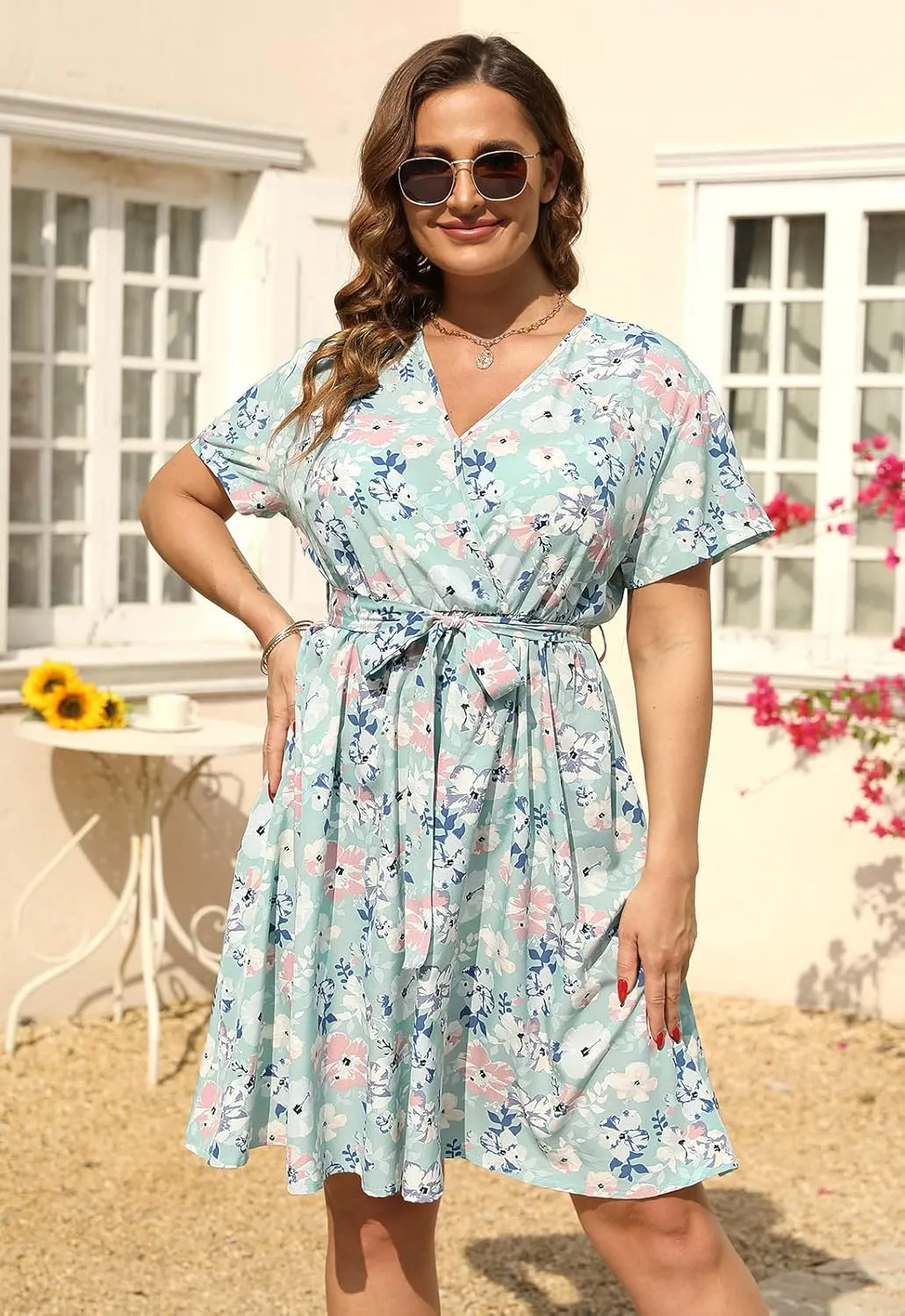 Nemidor Womens Casual Plus Size Summer Boho Swing Wrap Dress Floral Print with Pockets NEM295