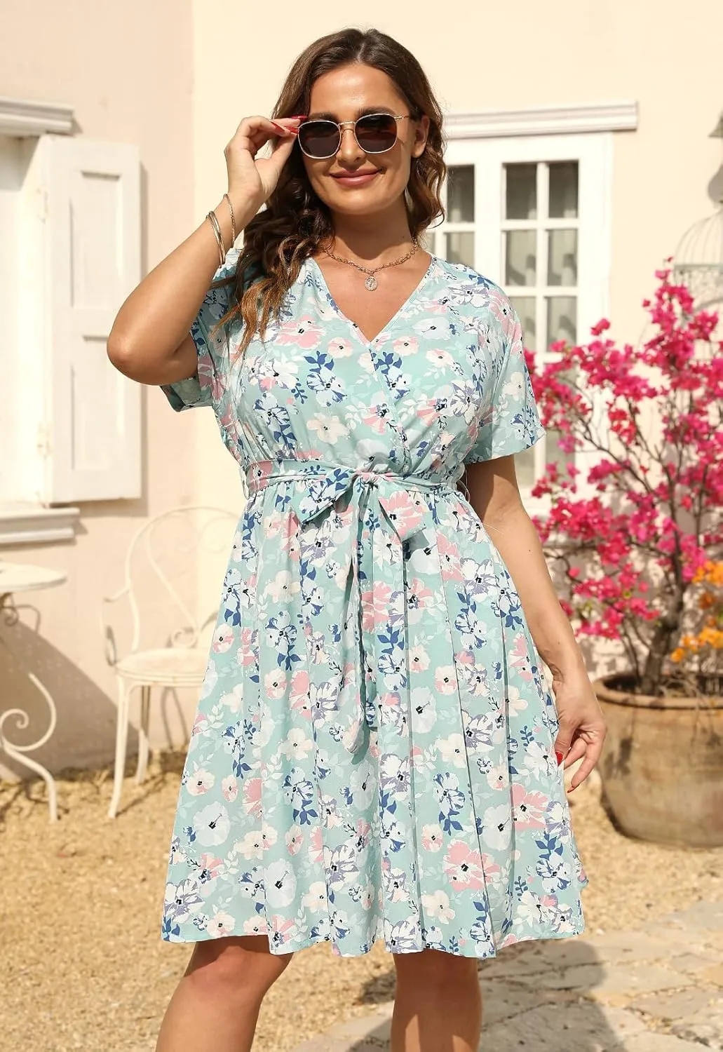 Nemidor Womens Casual Plus Size Summer Boho Swing Wrap Dress Floral Print with Pockets NEM295