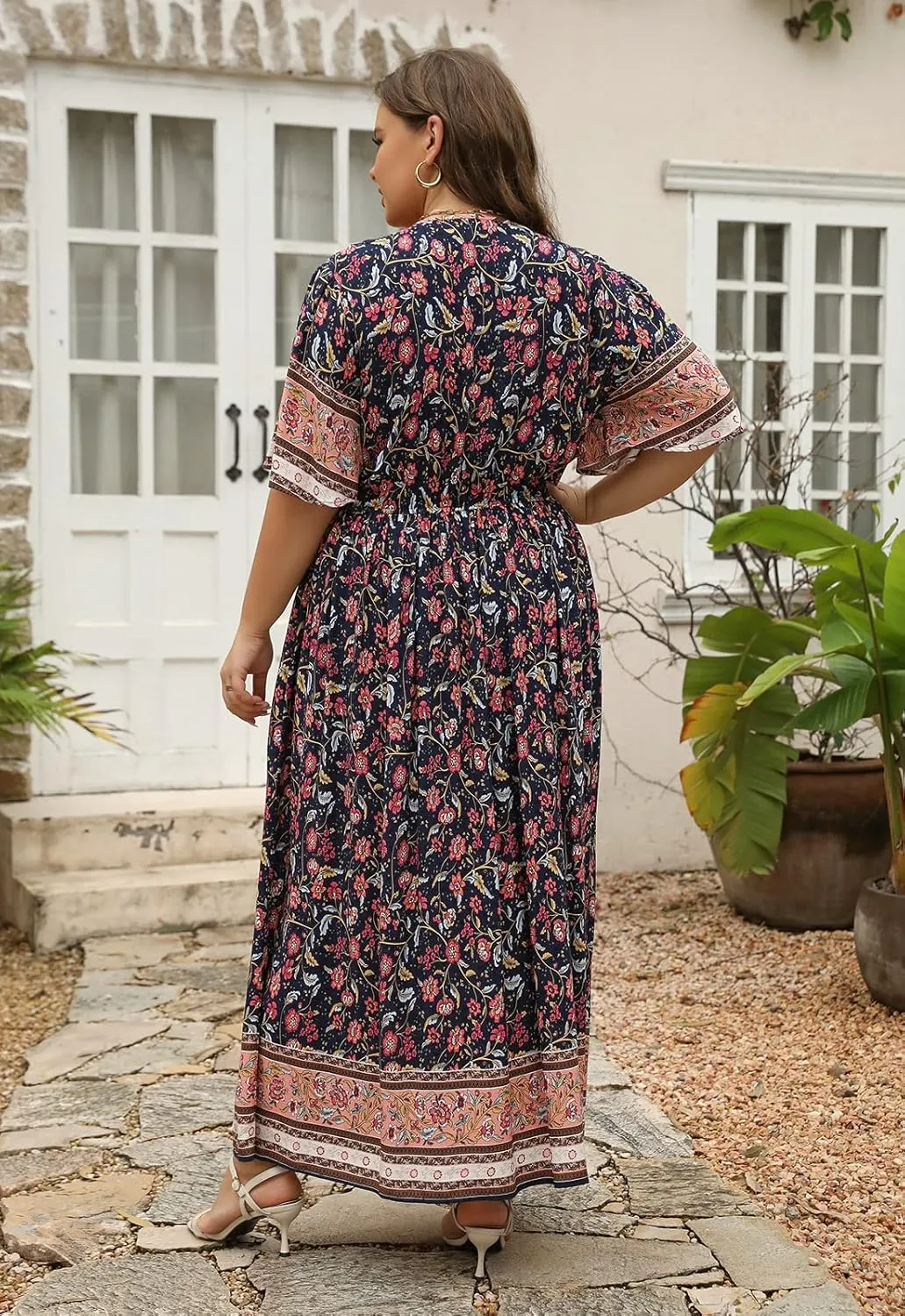 Nemidor Womens Plus Size Boho Floral Positioning Print Casual Flared Maxi Dress with Pocket NEM422