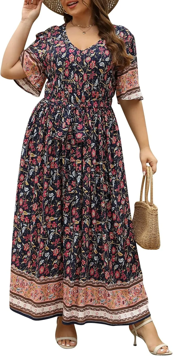 Nemidor Womens Plus Size Boho Floral Positioning Print Casual Flared Maxi Dress with Pocket NEM422