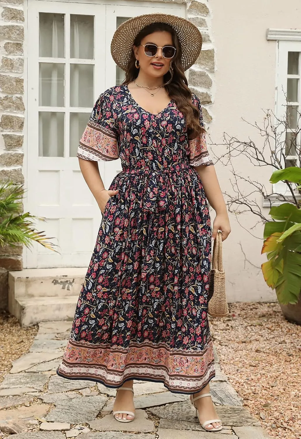 Nemidor Womens Plus Size Boho Floral Positioning Print Casual Flared Maxi Dress with Pocket NEM422