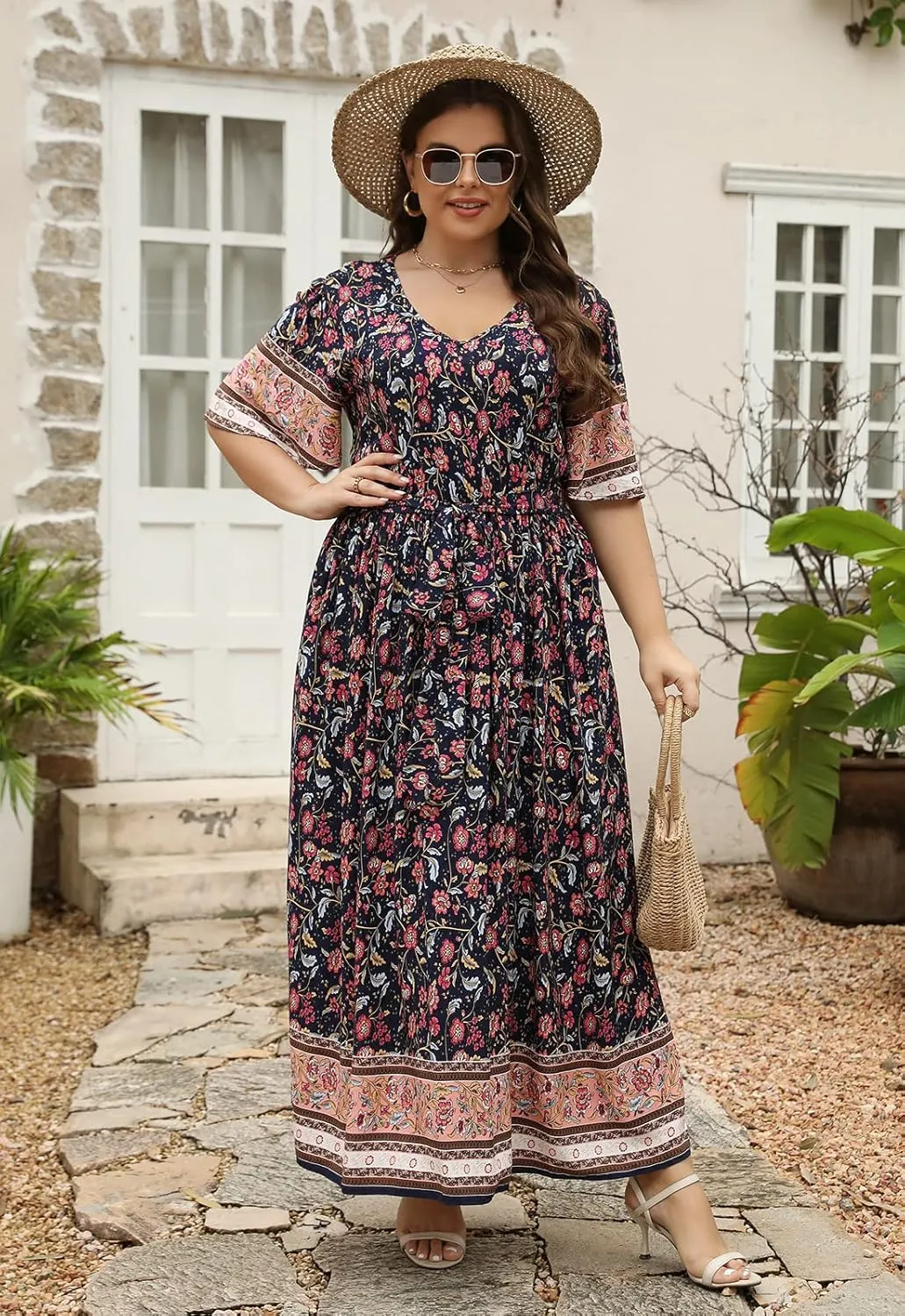 Nemidor Womens Plus Size Boho Floral Positioning Print Casual Flared Maxi Dress with Pocket NEM422