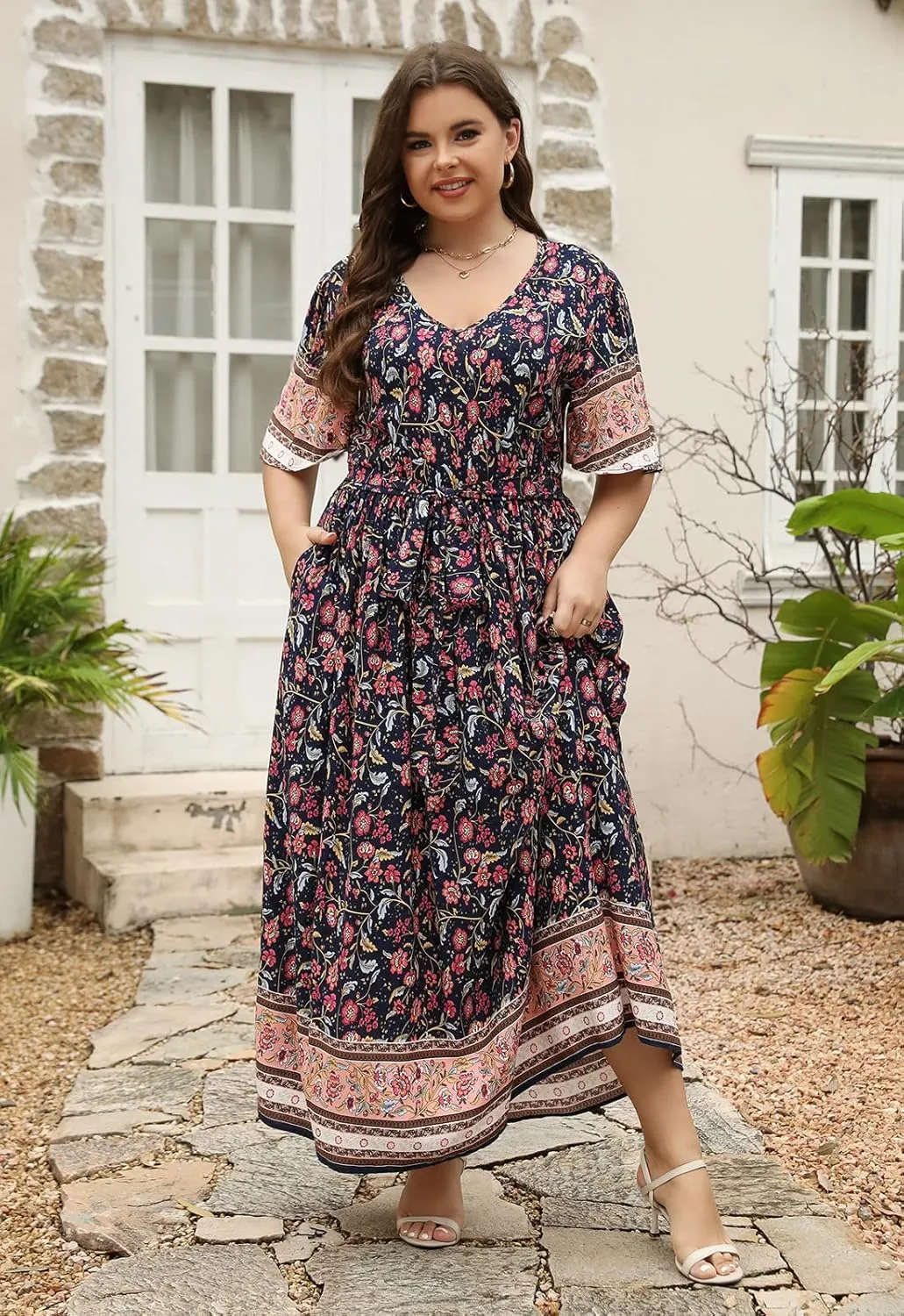 Nemidor Womens Plus Size Boho Floral Positioning Print Casual Flared Maxi Dress with Pocket NEM422