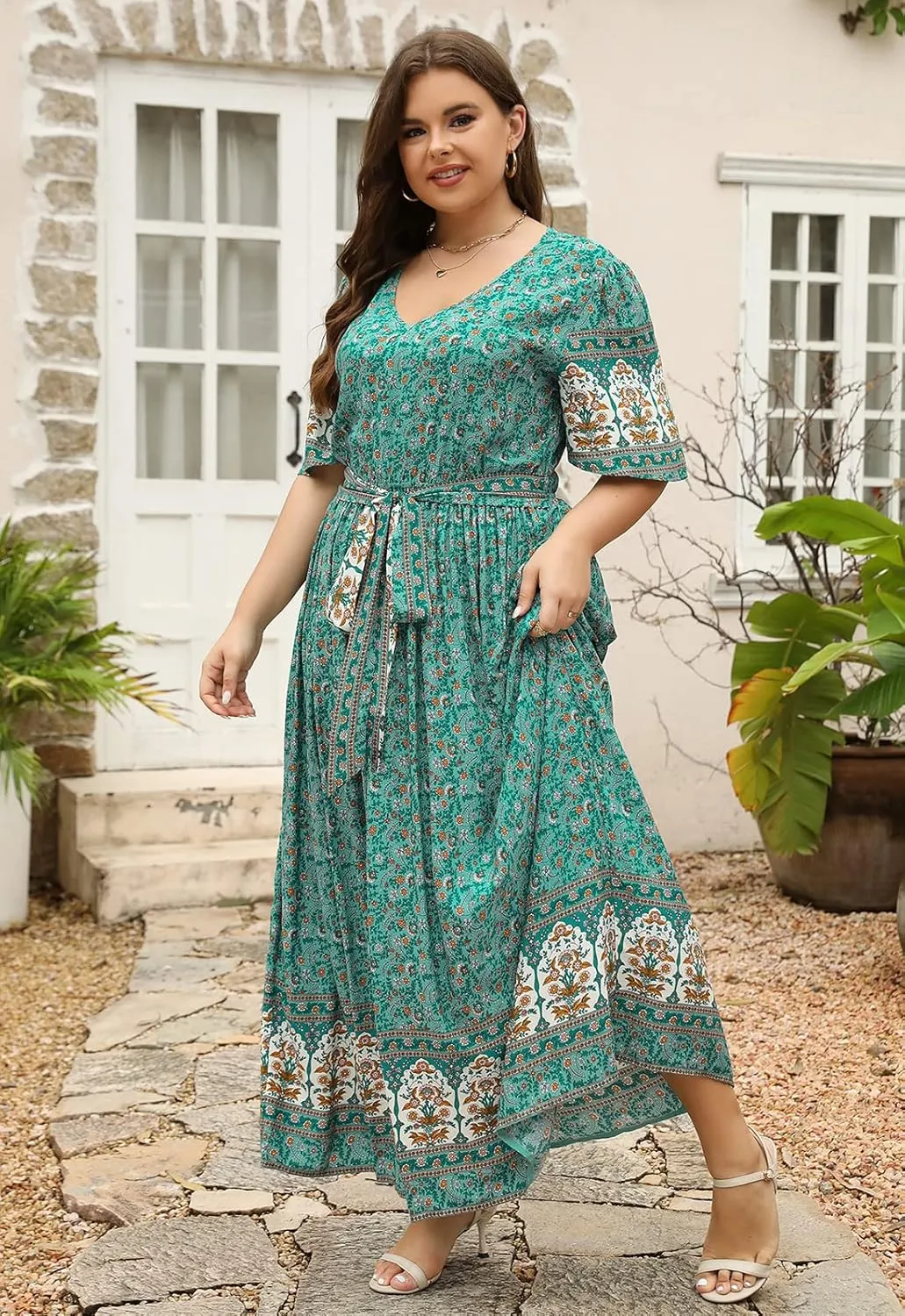 Nemidor Womens Plus Size Boho Floral Positioning Print Casual Flared Maxi Dress with Pocket NEM422