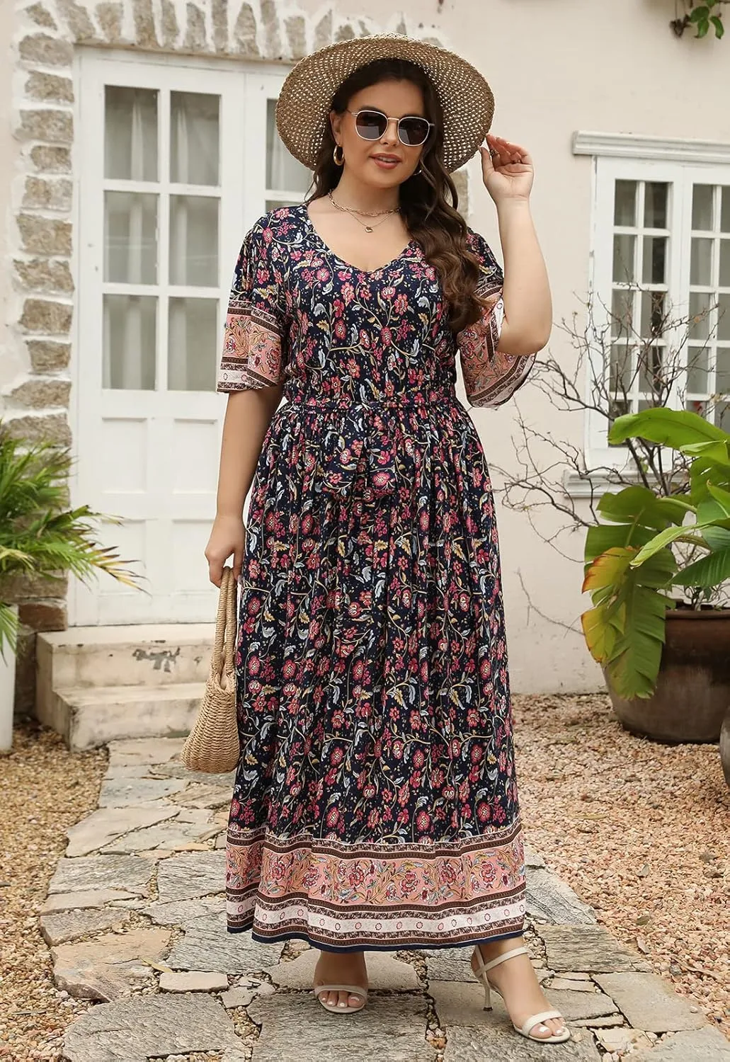 Nemidor Womens Plus Size Boho Floral Positioning Print Casual Flared Maxi Dress with Pocket NEM422