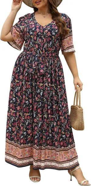 Nemidor Womens Plus Size Boho Floral Positioning Print Casual Flared Maxi Dress with Pocket NEM422