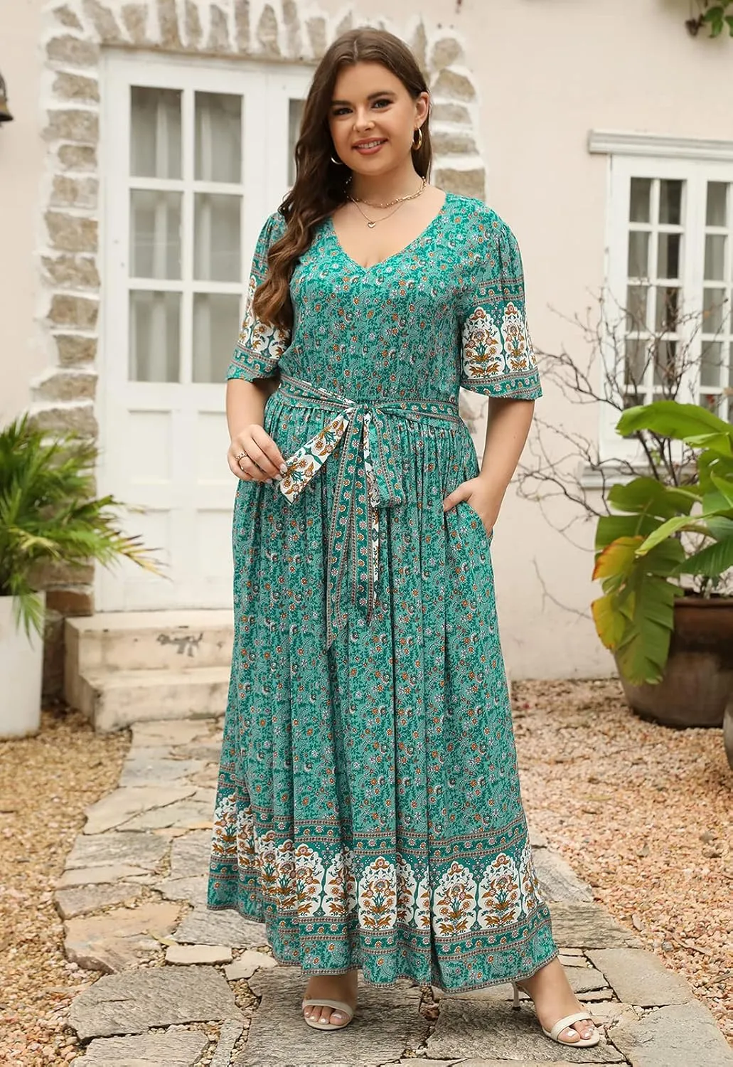 Nemidor Womens Plus Size Boho Floral Positioning Print Casual Flared Maxi Dress with Pocket NEM422