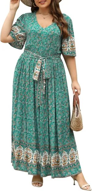 Nemidor Womens Plus Size Boho Floral Positioning Print Casual Flared Maxi Dress with Pocket NEM422