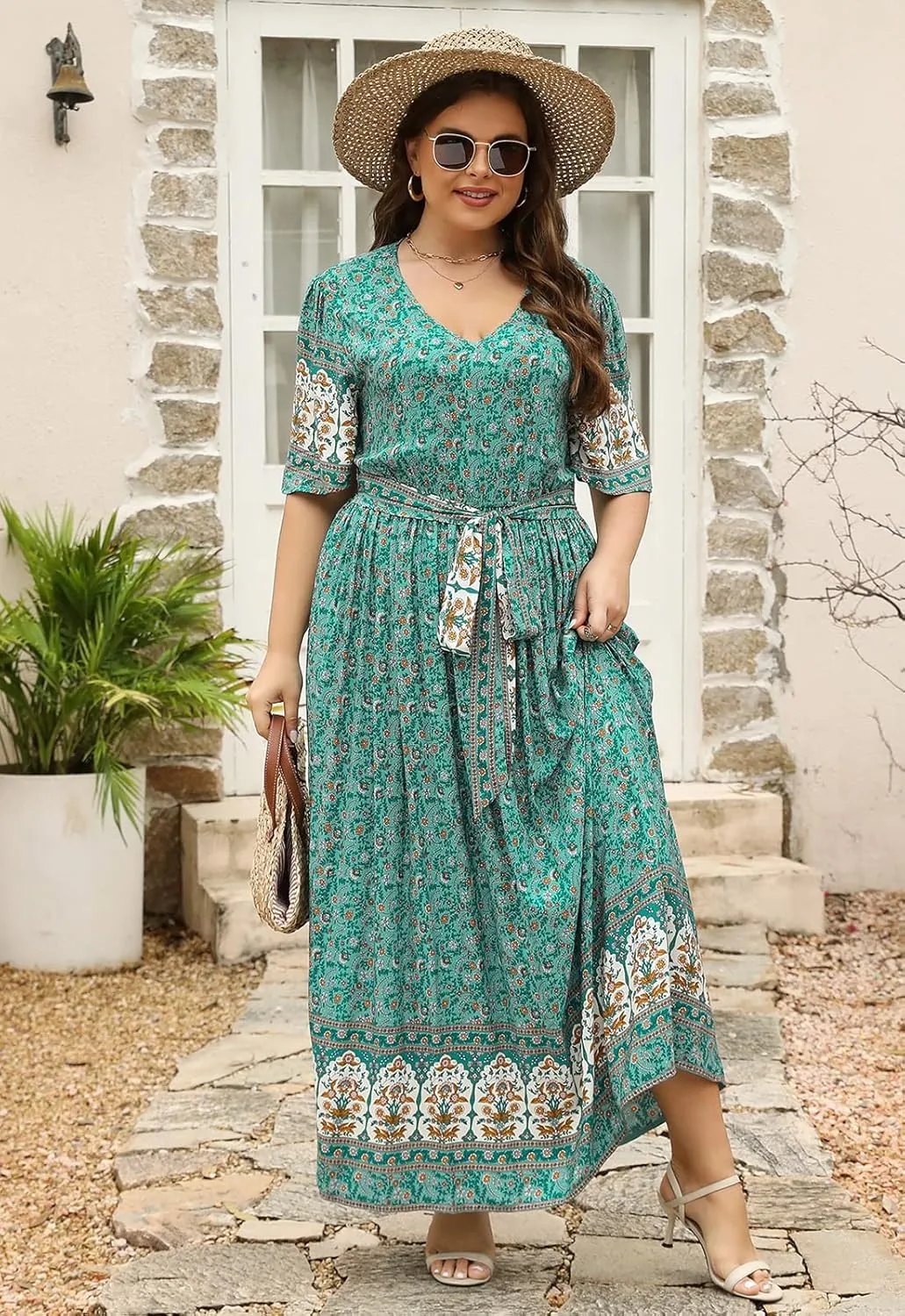 Nemidor Womens Plus Size Boho Floral Positioning Print Casual Flared Maxi Dress with Pocket NEM422