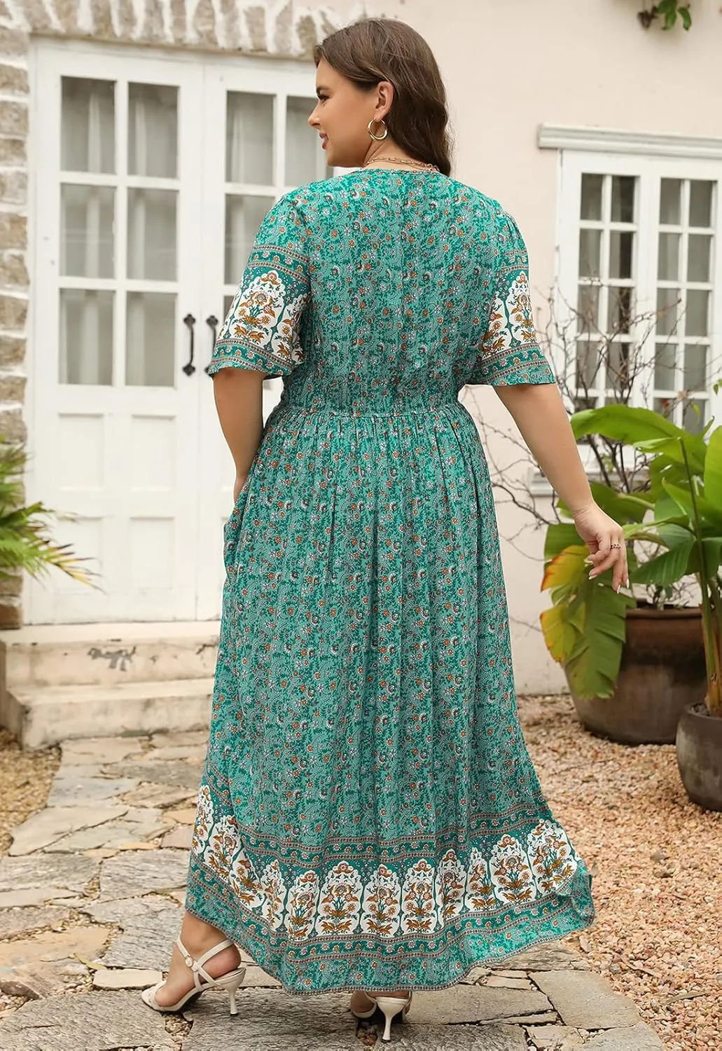 Nemidor Womens Plus Size Boho Floral Positioning Print Casual Flared Maxi Dress with Pocket NEM422
