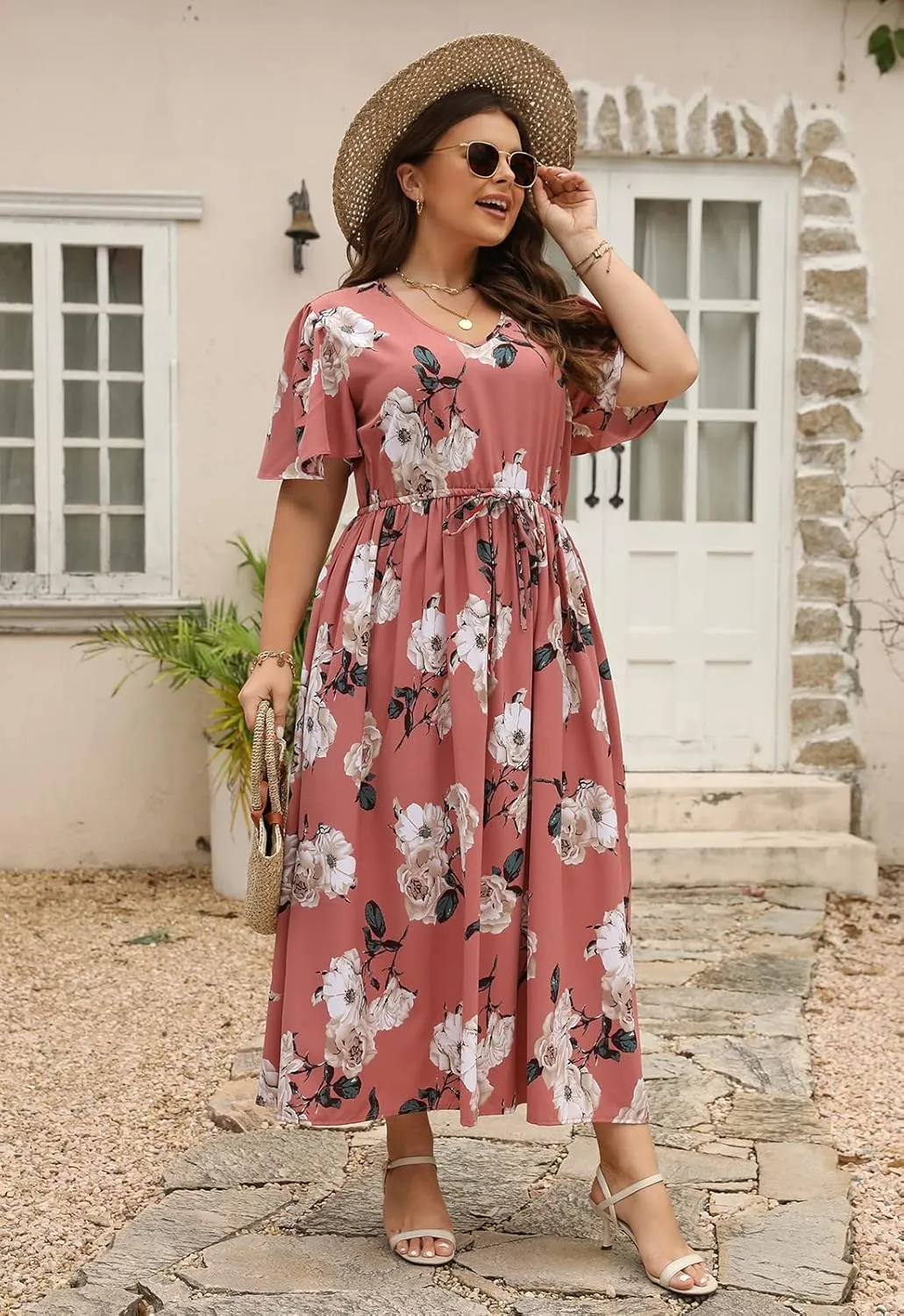 Nemidor Womens Plus Size Boho Floral Print Casual Flared Maxi Dress with Pocket NEM420