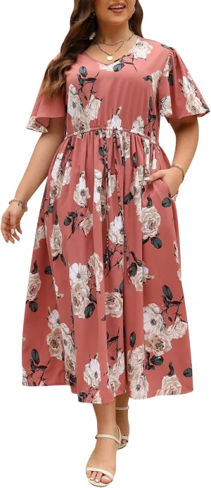 Nemidor Womens Plus Size Boho Floral Print Casual Flared Maxi Dress with Pocket NEM420