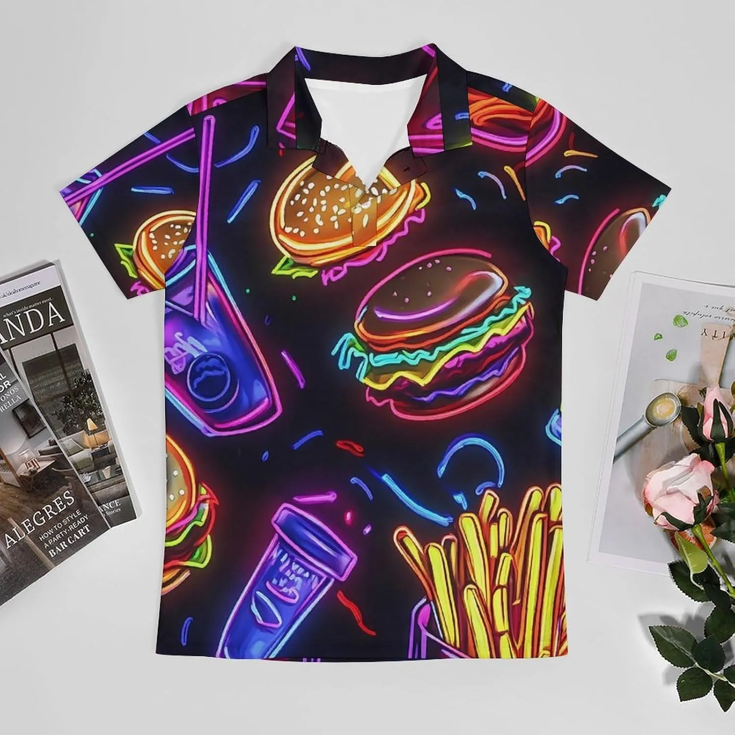 Neon Hamburger French Fries Men's Polo-Shirt Regular-Fit Short Sleeve Sports Quick Dry Golf Tennis T-Shirt