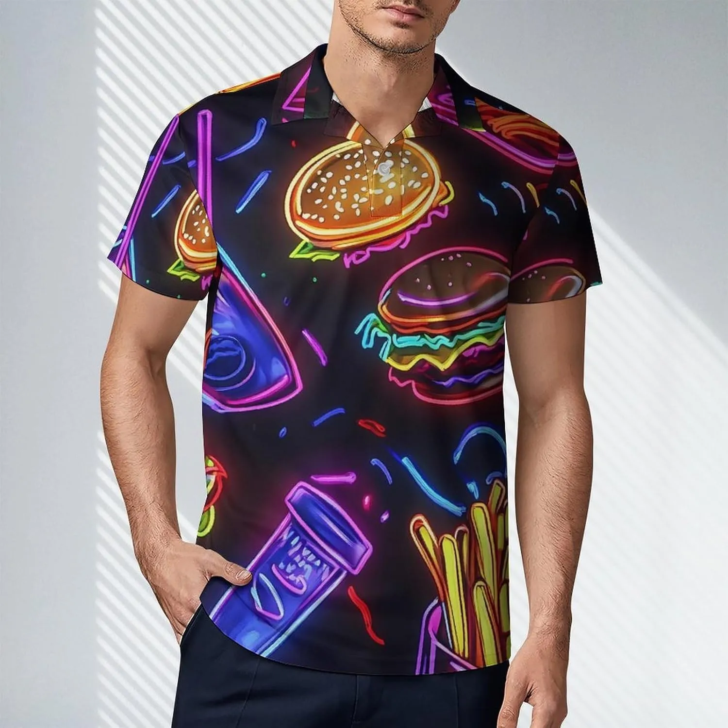 Neon Hamburger French Fries Men's Polo-Shirt Regular-Fit Short Sleeve Sports Quick Dry Golf Tennis T-Shirt