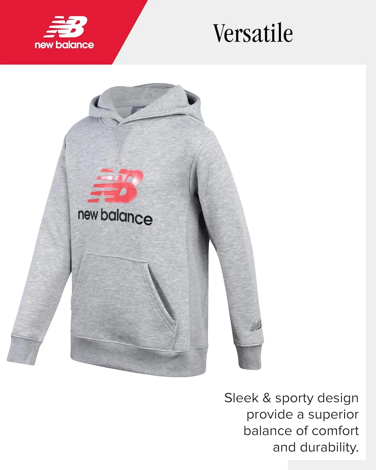New Balance Boys' Hoodie - Durable Double Fleece Lined Pullover Sweatshirt with Reinforced Seams Kangaroo Pocket (Sizes 8-20)
