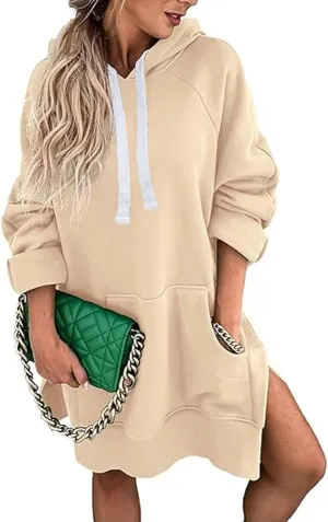 New The Warmy Oversized Hoodie, Hoodie Dress For Women With Pockets, Casual Pullover Sweatshirt Long Sleeve Split Hem