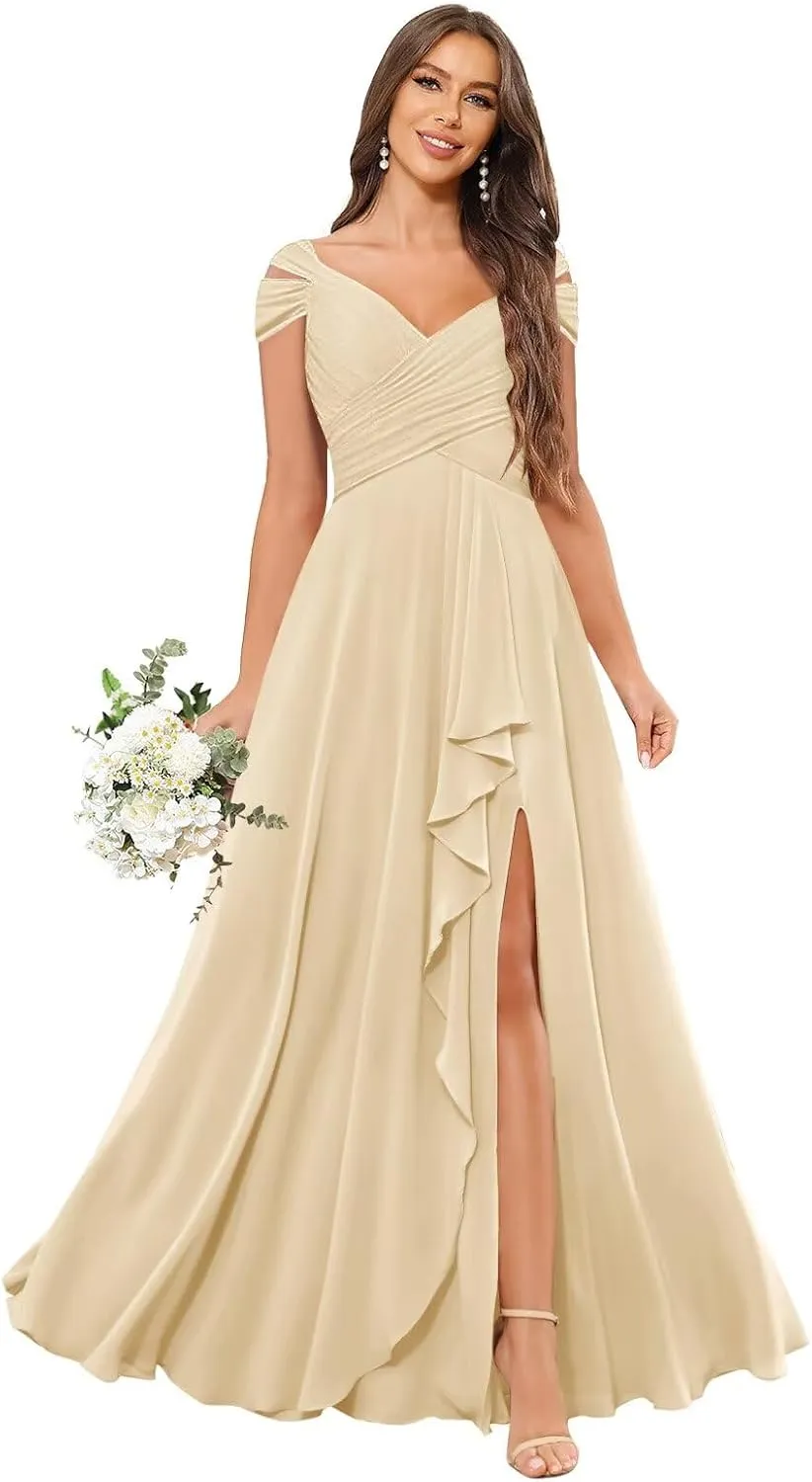 Off The Shoulder Bridesmaid Dresses for Women Long Pleated Chiffon A-line Formal Evening Gowns with Slit