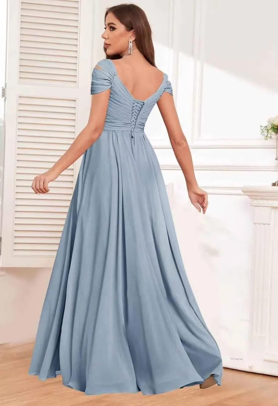 Off The Shoulder Bridesmaid Dresses for Women Long Pleated Chiffon A-line Formal Evening Gowns with Slit