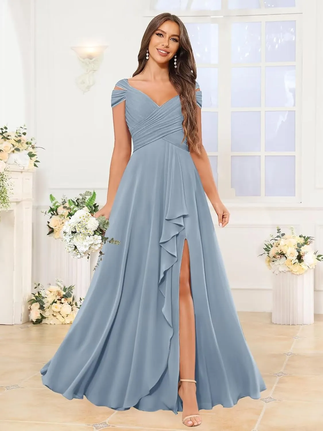 Off The Shoulder Bridesmaid Dresses for Women Long Pleated Chiffon A-line Formal Evening Gowns with Slit