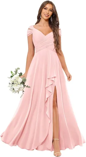 Off The Shoulder Bridesmaid Dresses for Women Long Pleated Chiffon A-line Formal Evening Gowns with Slit