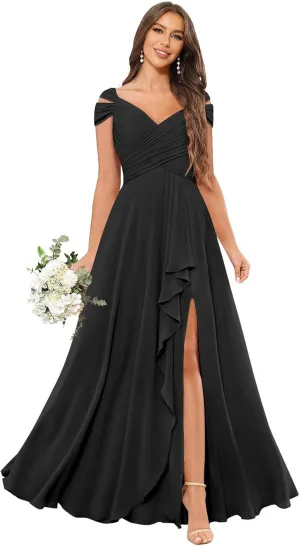 Off The Shoulder Bridesmaid Dresses for Women Long Pleated Chiffon A-line Formal Evening Gowns with Slit