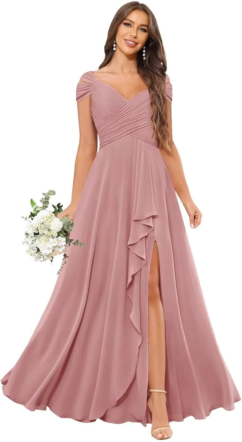 Off The Shoulder Bridesmaid Dresses for Women Long Pleated Chiffon A-line Formal Evening Gowns with Slit