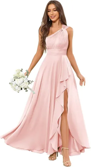 One Shoulder Chiffon Bridesmaid Dresses for Women Ruffle Long Formal Dress Evening Gown with Slit