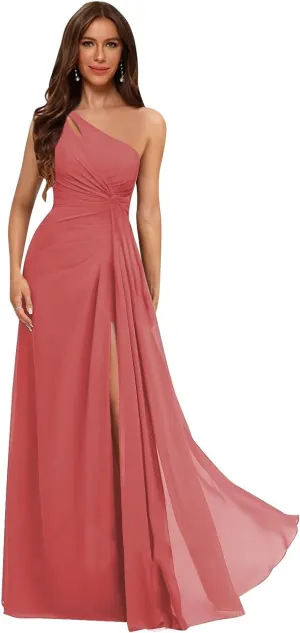 One Shoulder Pleated Bridesmaid Dresses Long with Slit Chiffon A Line Formal Evening Dress for Women
