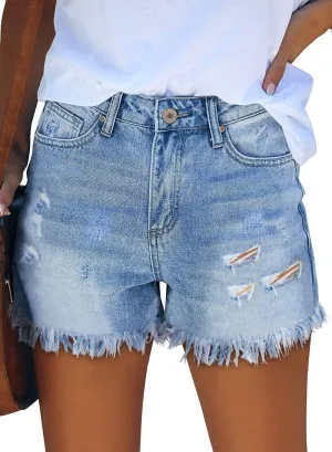 onlypuff Women Denim Shorts Cut Off Mid Rise Frayed Jean Shorts