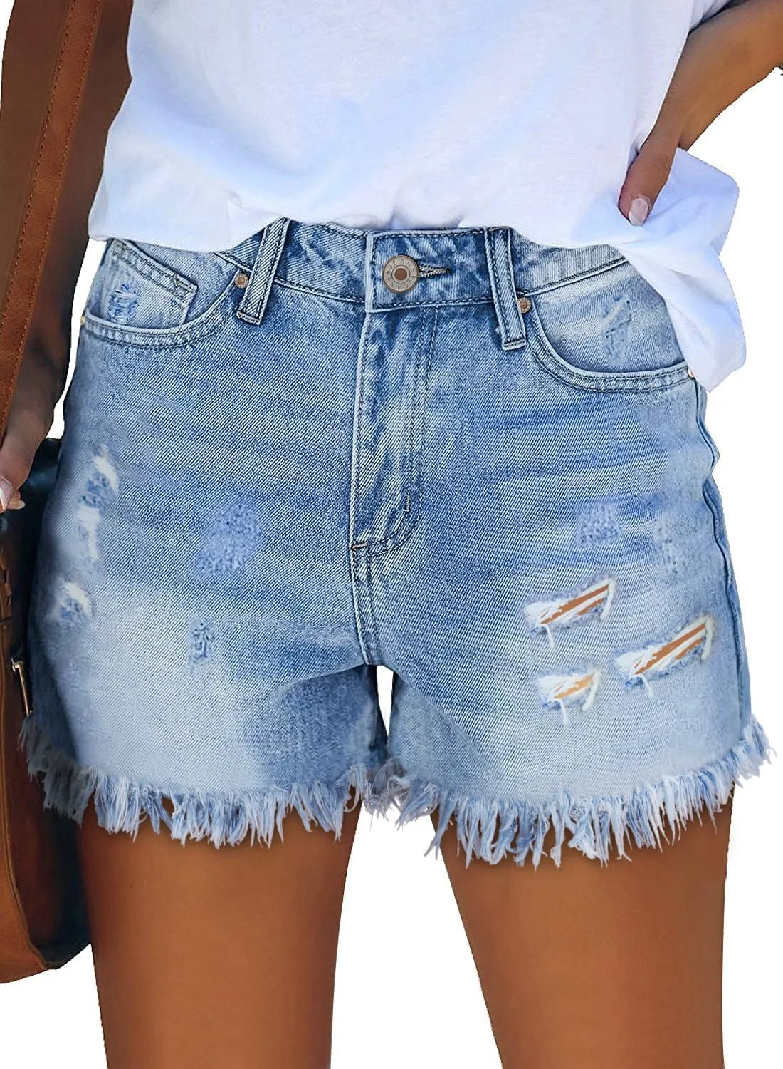 onlypuff Women Denim Shorts Cut Off Mid Rise Frayed Jean Shorts